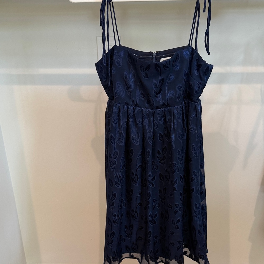 Amanda Uprichard Navy Floral Texture Spaghetti Strap Dress